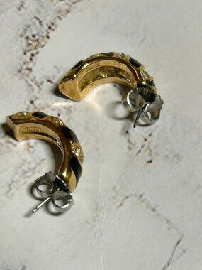 SE-62-Vintage Gold Tone Hoop Earrings Chunky CZ Amber Inlay Retro Statement